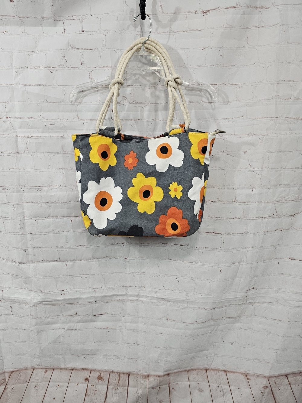 Gray Floral Rope-Handle Tote Bag with Yellow & Orange Blooms